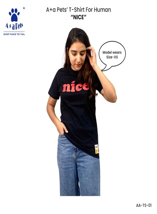 A+a Pets' Graphic Printed Premium T-Shirt for Human(Unisex) 'Nice' & Pets(Dog & Cat) 'Naughty' | Half Sleeve Round Neck Costumes | Cotton (Human - S, Pet - M, BlackH & BlackP) - Image 2